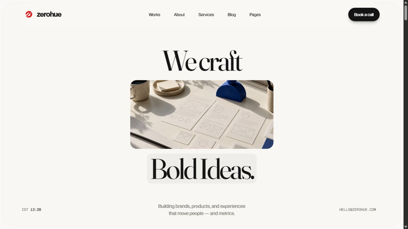 Zerohue desktop website with expressive typography and an animated agency showcase