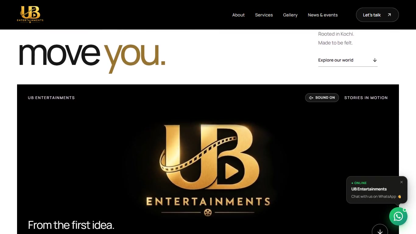 UB Entertainments desktop website with cinematic imagery and black, white and gold styling
