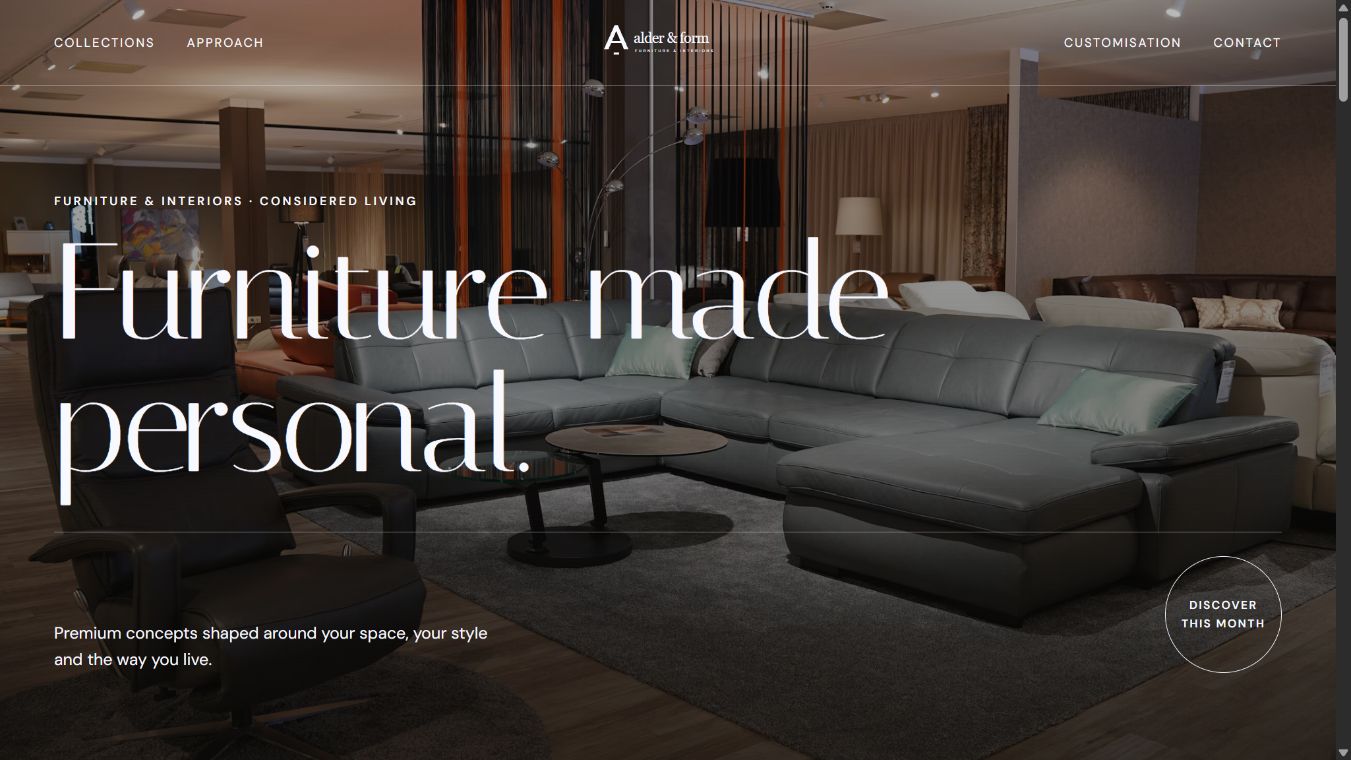 Alder & Form desktop furniture website with editorial typography and warm interiors