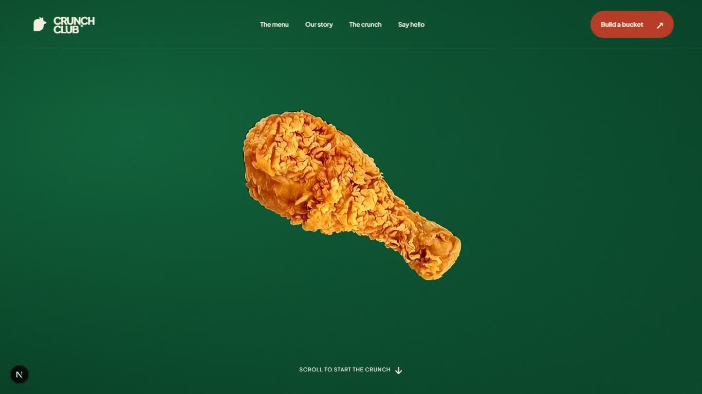 Crunch Club desktop website with a rotating chicken hero, green gradients and editorial food sections
